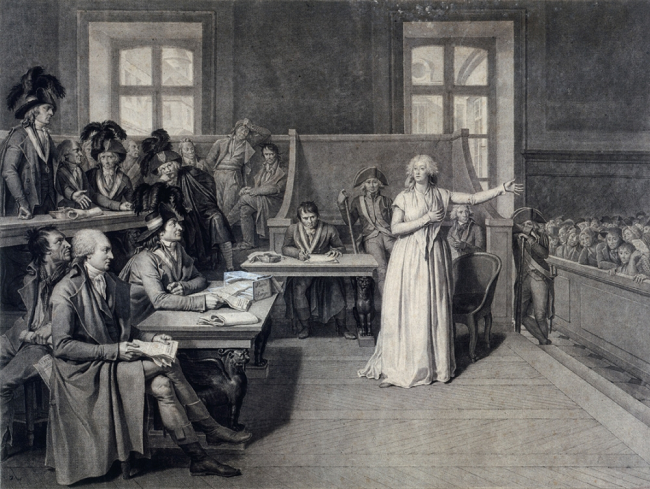 Jugement de Marie-Antoinette d'Autriche - le 15 octobre 1793 - dessin de Pierre Bouillon - pierre noire, Paris - musée Carnavalet - Jacques René Hébert est représenté assis au premier plan, devant Antoine Quentin Fouquier de Tinville.
